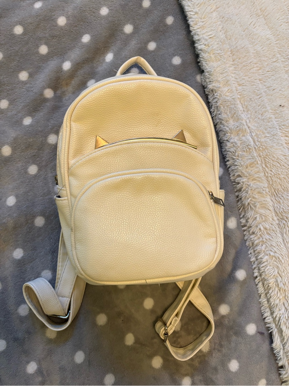 Cream Faux Leather Mini Backpack with Gold Accent
